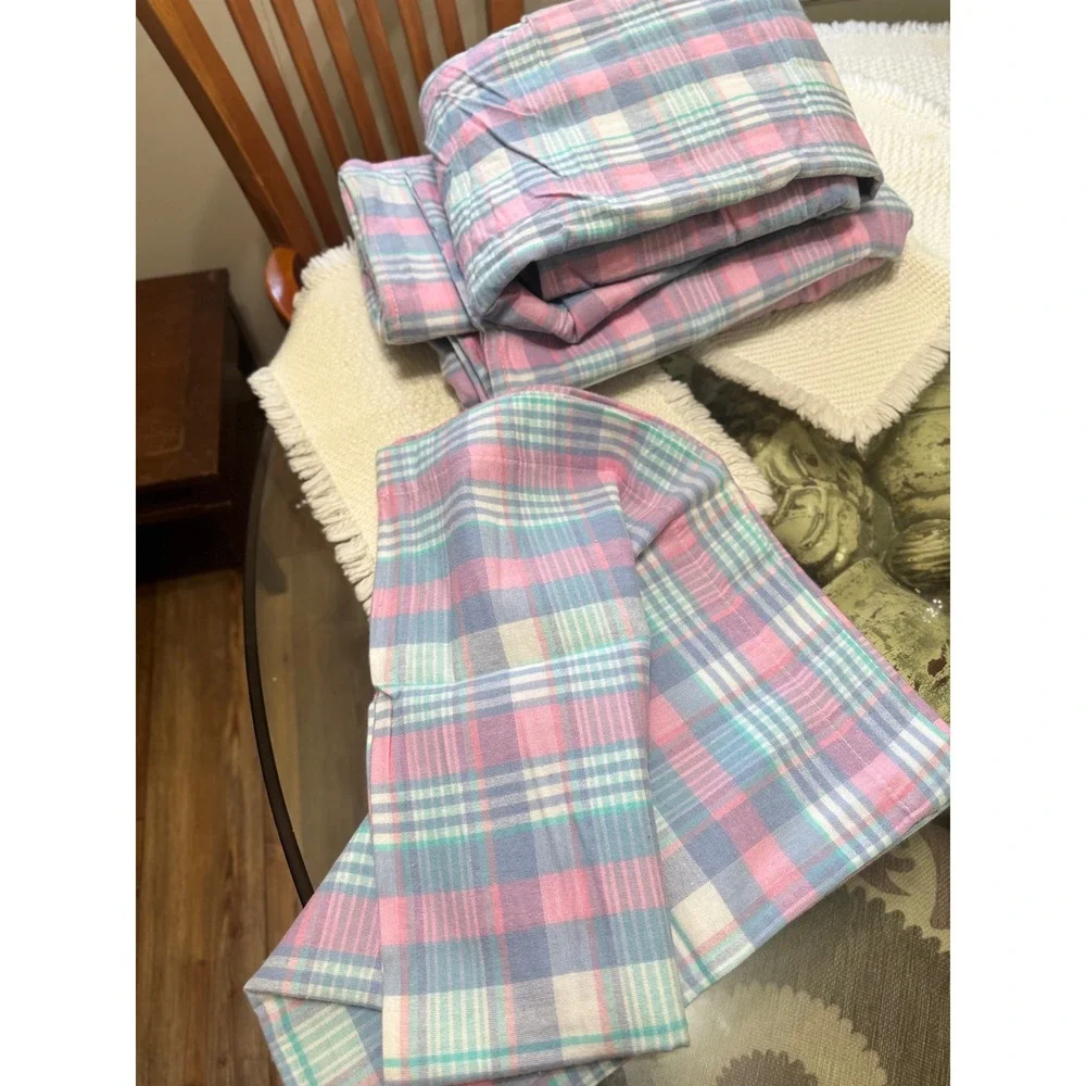 Divatex vtg Home Fashions Full Flannel Sheet Set Pink Blue Plaid 100% Cotton 3pc